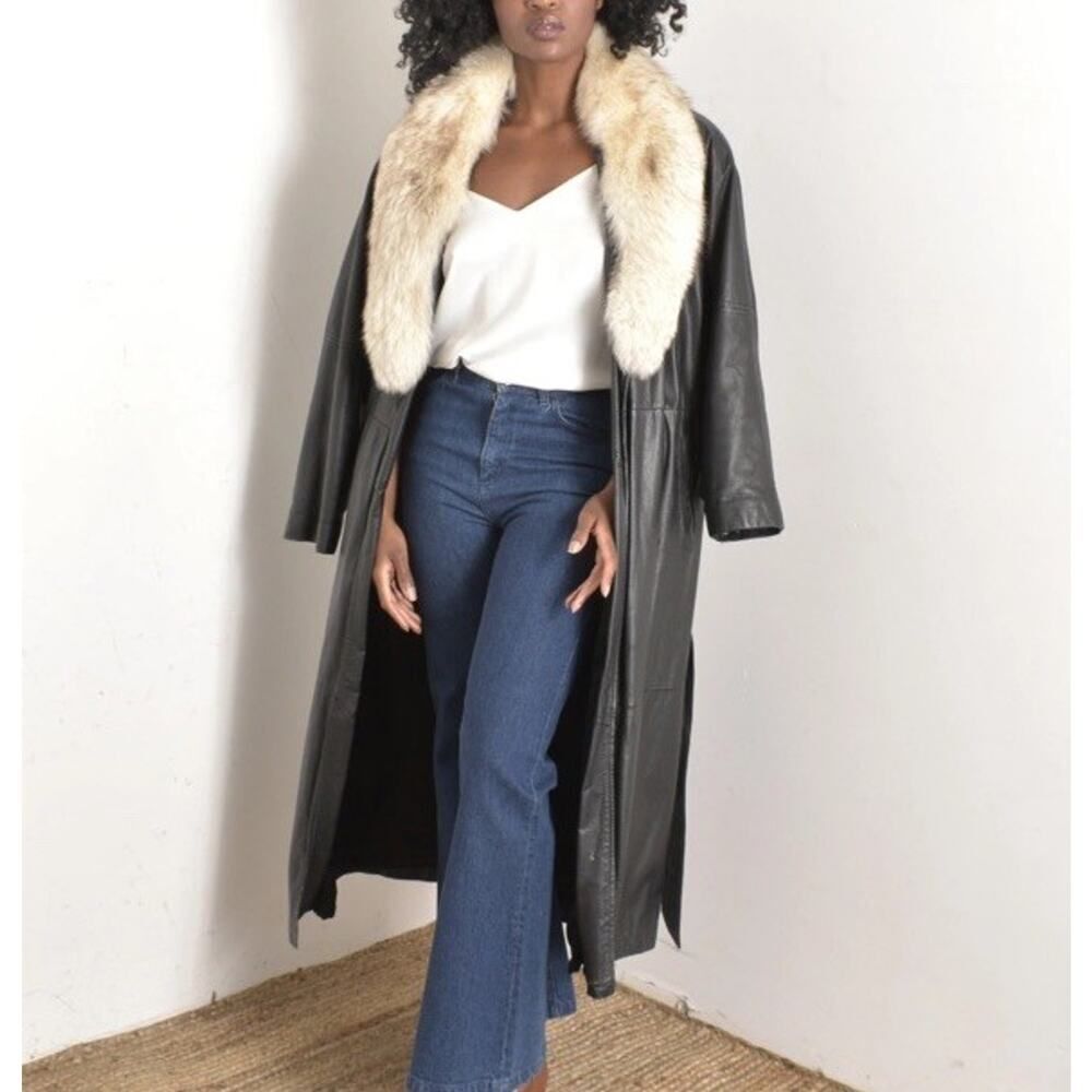 Vintage Black Leather Coat Fur Collar Long Jacket Medium Oversized